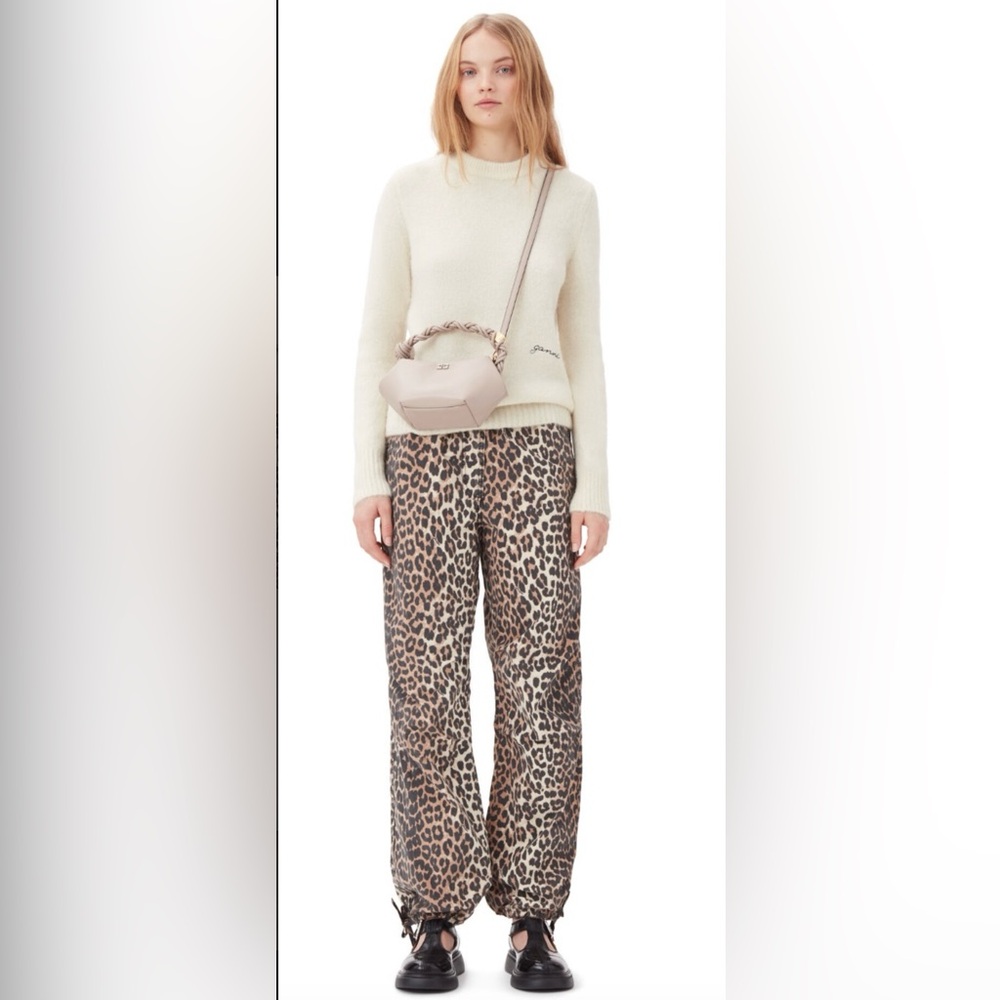 Ganni Leopard Washed Cotton Canvas Drawstring Pants